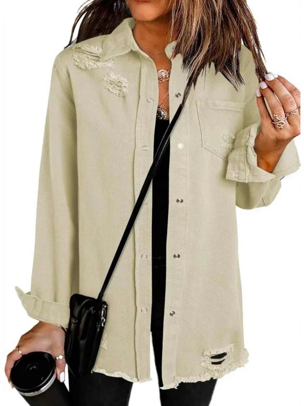 Women's Apricot Denim Button Down Oversized Distressed Boyfriend Jean Jacket